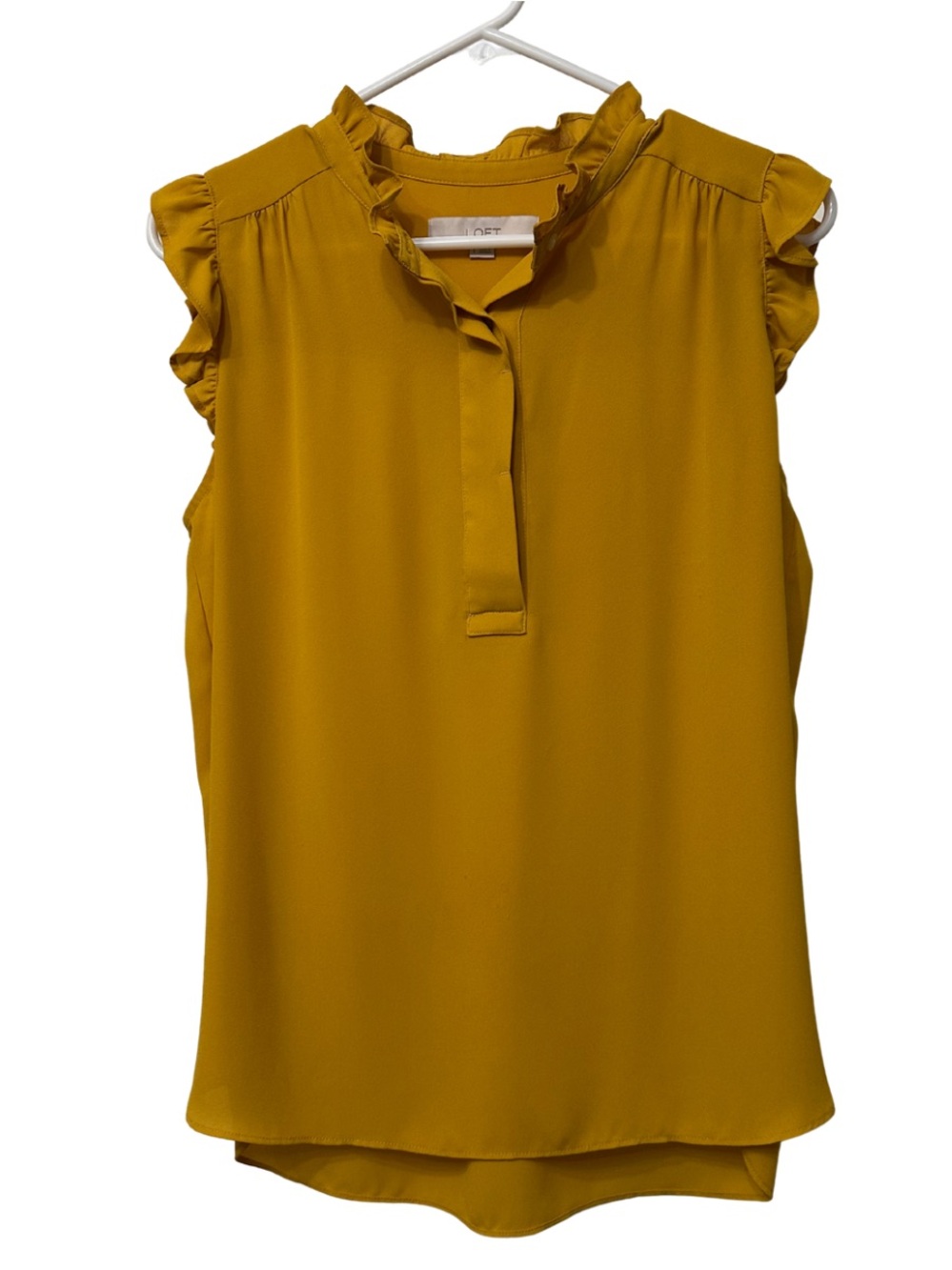LOFT Mustard Ruffle Mock Neck Sleeveless Blouse Size Medium